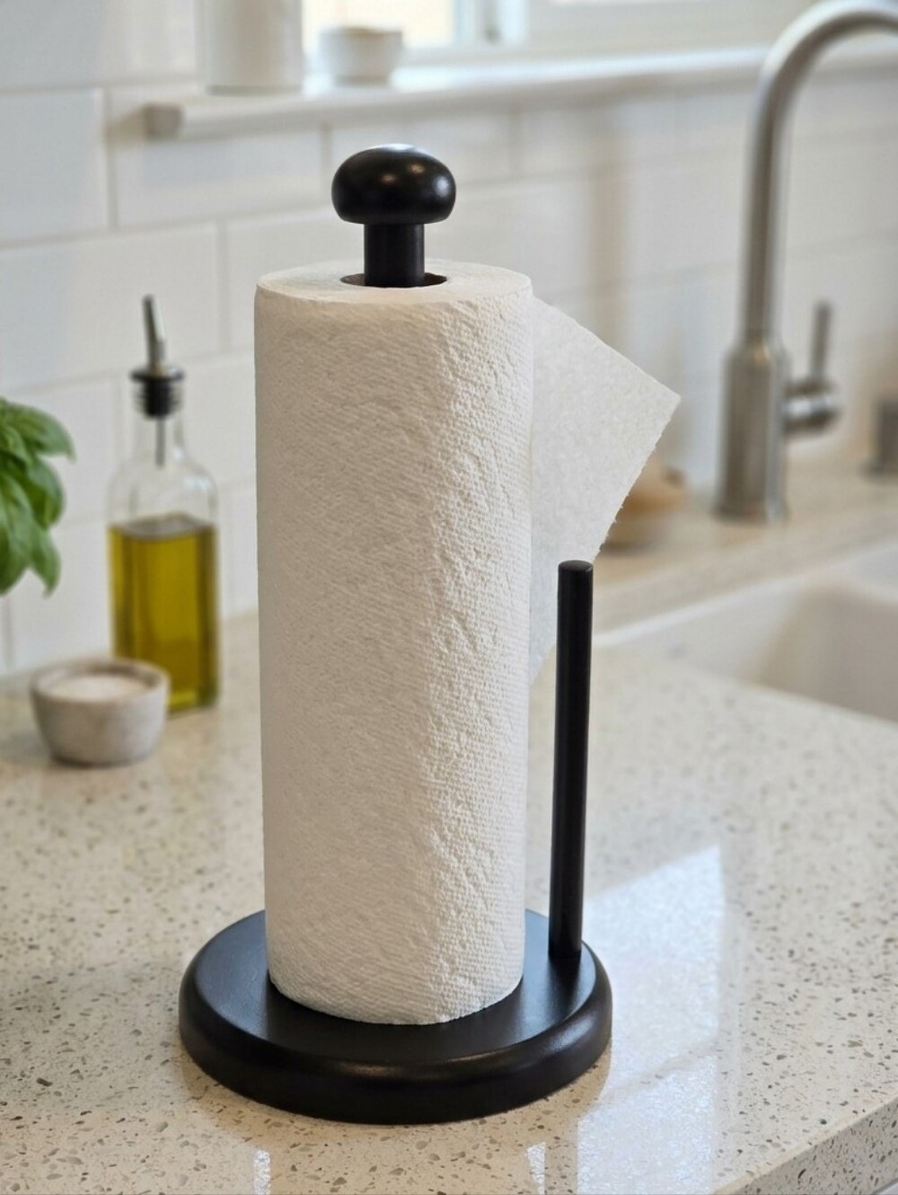 🩵Matte Black Wood Freestanding Paper Towel Holder Stand w/Tear Bar